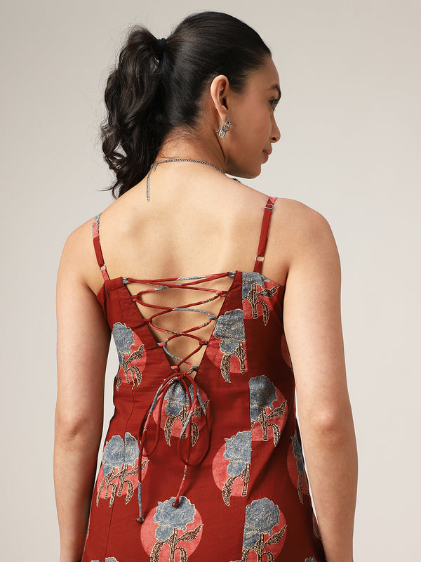 Kimayra Cotton Calf Length Printed Sleeveless Square Neck Straight Dress