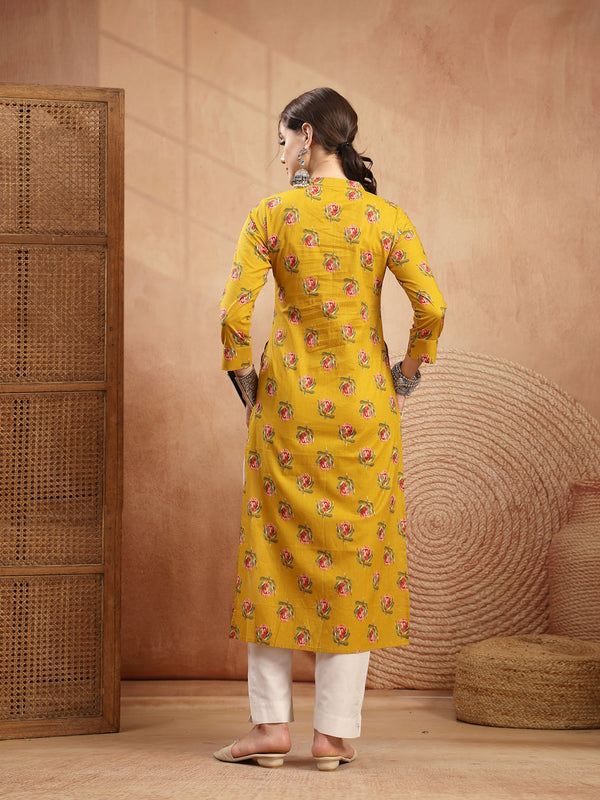 Kimayra Rayon Calf Length Printed 3/4 Sleeve Key Hole Neck Straight Kurta