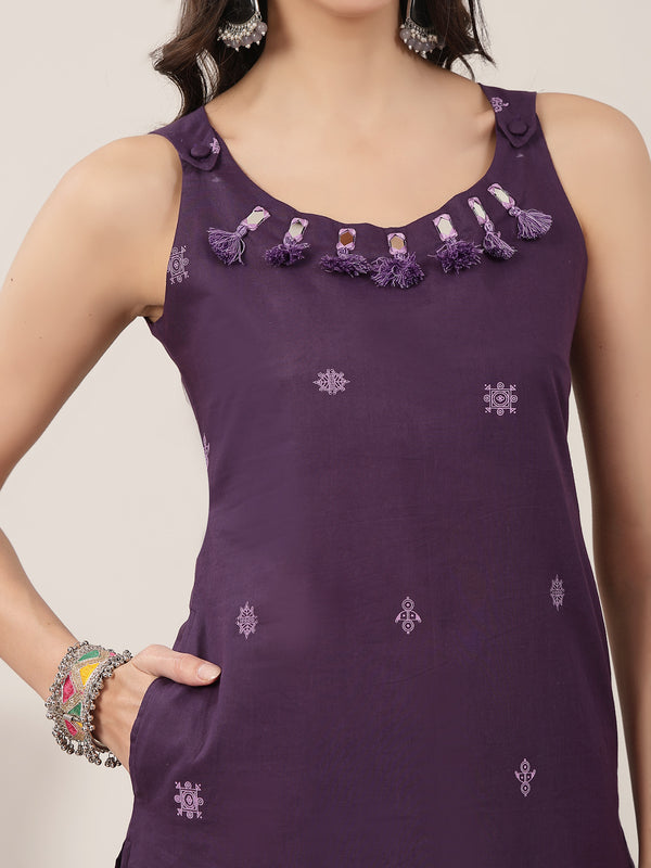 Kimayra Cotton Calf Length Solid Sleeveless Round Neck Straight Kurta Suit Set