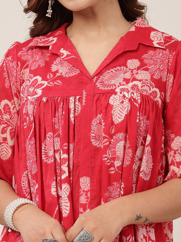 Kimayra Cotton Knee Length Printed 3/4 Sleeve Shirt Collar Flared Dress