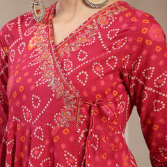 Kimayra Cotton Calf Length Printed 3/4 Sleeve Angrakha Flared Kurta Suit Set