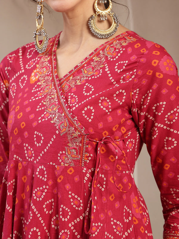 Kimayra Cotton Calf Length Printed 3/4 Sleeve Angrakha Flared Kurta Suit Set