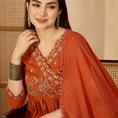 Kimayra Cotton Calf Length Solid 3/4 Sleeve V-Neck Anarkali Kurta Suit Set