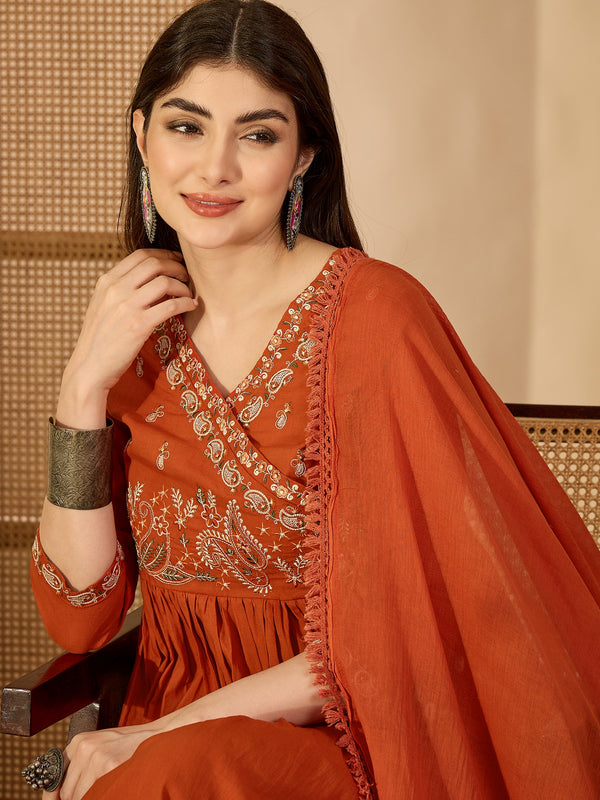 Kimayra Cotton Calf Length Solid 3/4 Sleeve V-Neck Anarkali Kurta Suit Set