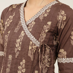 Kimayra Cotton Calf Length Printed 3/4 Sleeve V-Neck Flared Kurta Suit Set