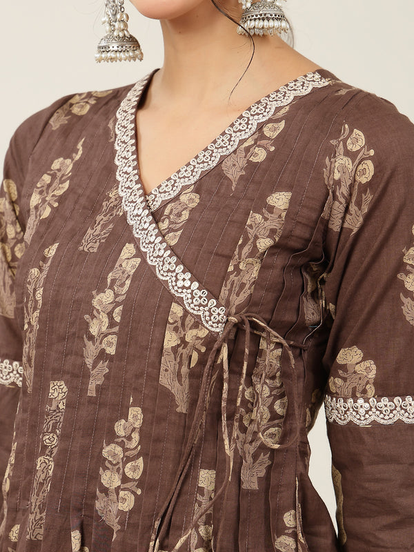 Kimayra Cotton Calf Length Printed 3/4 Sleeve V-Neck Flared Kurta Suit Set