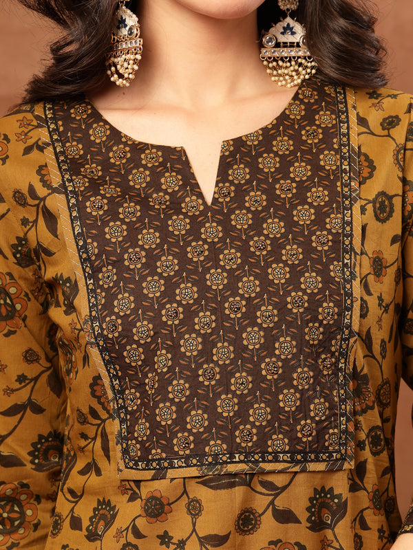 Kimayra Cotton Calf Length Printed 3/4 Sleeve Round Neck Straight Kurta Suit Set