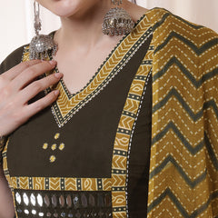 Kimayra Rayon Calf Length Solid 3/4 Sleeves V Neck Flared Kurta Suit Set