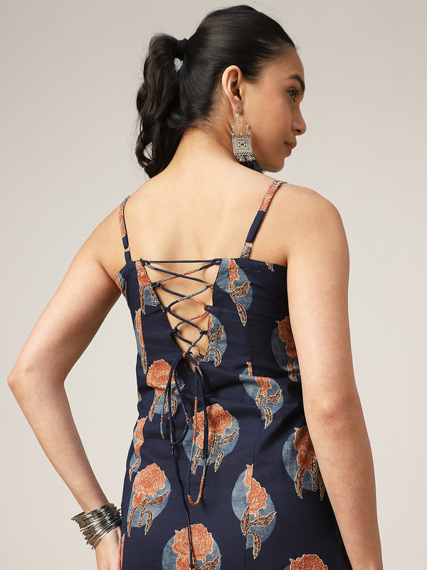 Kimayra Cotton Calf Length Printed Sleeveless Square Neck Straight Dress