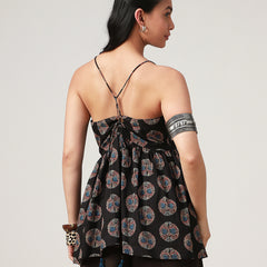 Kimayra Cotton Hip Length Printed Sleeveless V-Neck Flared Top