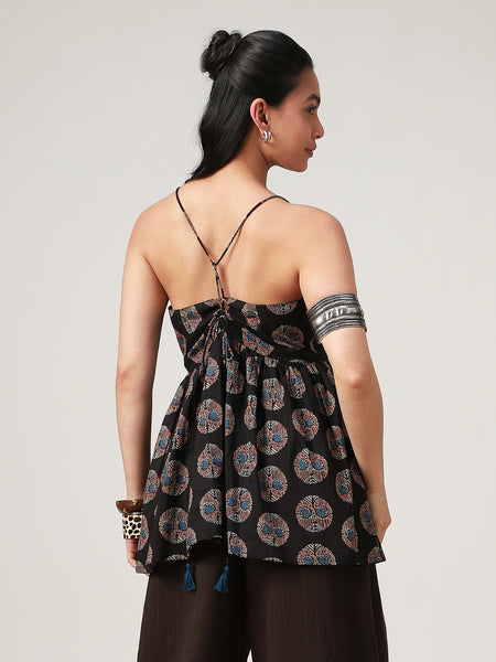 Kimayra Cotton Hip Length Printed Sleeveless V-Neck Flared Top