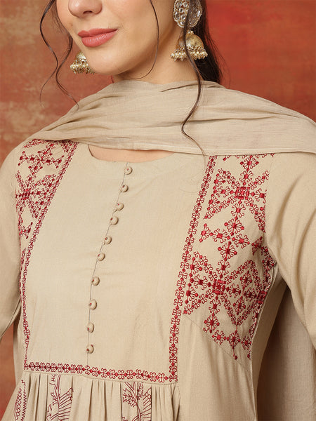 Kimayra Rayon Calf Length Printed 3/4 Sleeves Round Neck Semi-Flared Kurta Suit Set