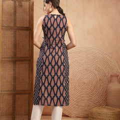 Kimayra Rayon Calf Length Printed Sleeveless Round Neck Straight Kurta