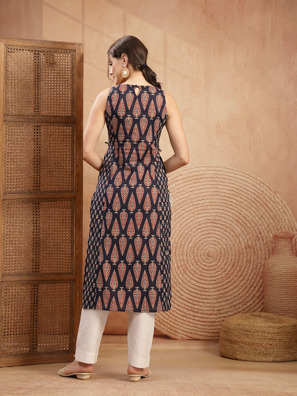 Kimayra Rayon Calf Length Printed Sleeveless Round Neck Straight Kurta