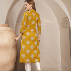 Kimayra Cotton Calf Length Printed 3/4 Sleeve V-Neck Straight Kurta