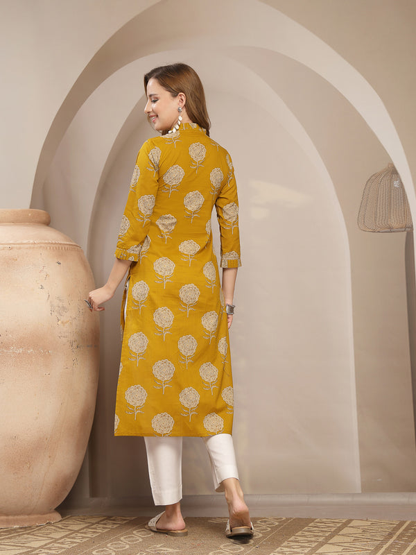 Kimayra Cotton Calf Length Printed 3/4 Sleeve V-Neck Straight Kurta