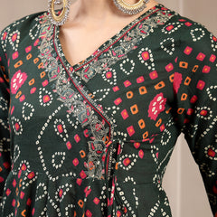 Kimayra Cotton Calf Length Printed 3/4 Sleeve Angrakha Flared Kurta Suit Set