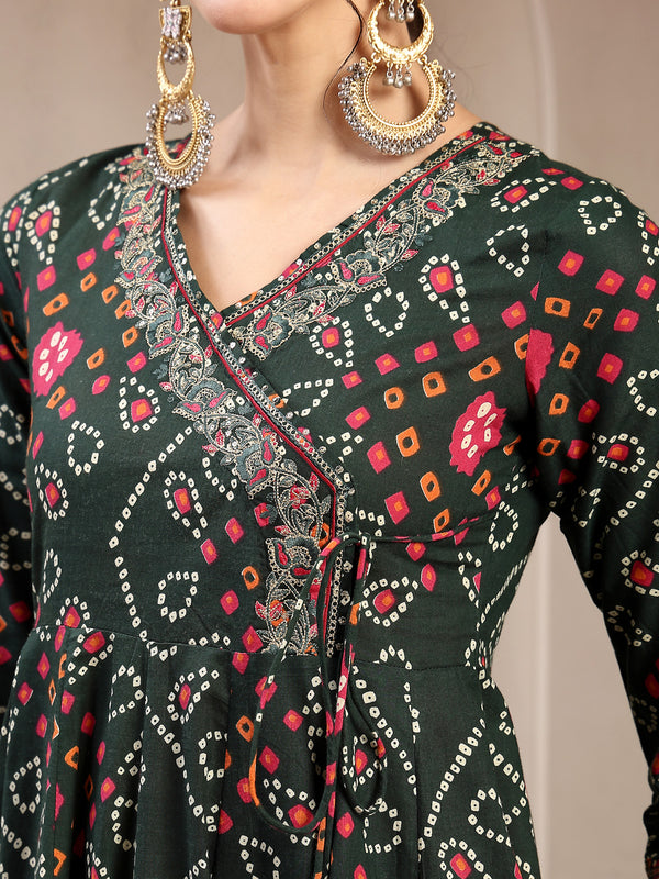 Kimayra Cotton Calf Length Printed 3/4 Sleeve Angrakha Flared Kurta Suit Set