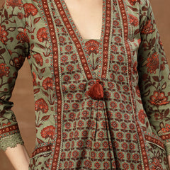 Kimayra Cotton Calf Length Printed 3/4 Sleeve V-Neck Flared Kurta Suit Set