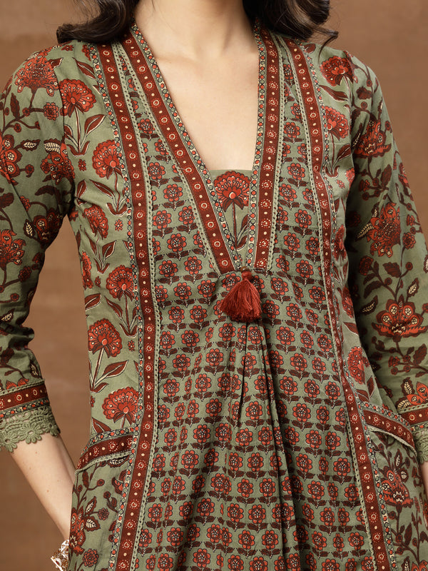 Kimayra Cotton Calf Length Printed 3/4 Sleeve V-Neck Flared Kurta Suit Set