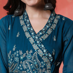 Kimayra Cotton Calf Length Printed 3/4 Sleeves Angrakha Anarkali Kurta Suit Set