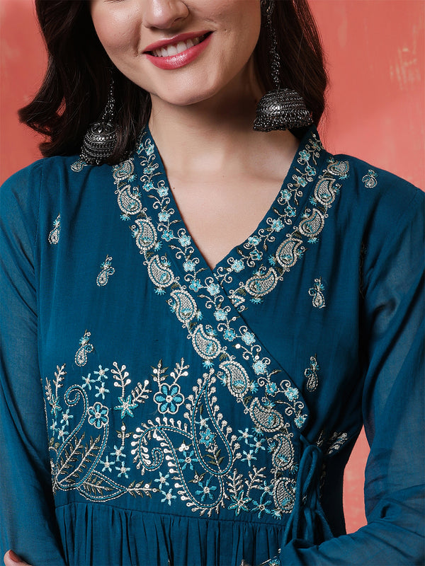 Kimayra Cotton Calf Length Printed 3/4 Sleeves Angrakha Anarkali Kurta Suit Set