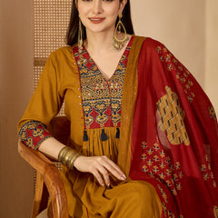 Kimayra Rayon Calf Length Solid 3/4 Sleeve V-Neck Flared Kurta Suit Set