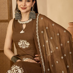 Kimayra Cotton Calf Length Printed Sleeveless Round Neck Straight Kurta Suit Set