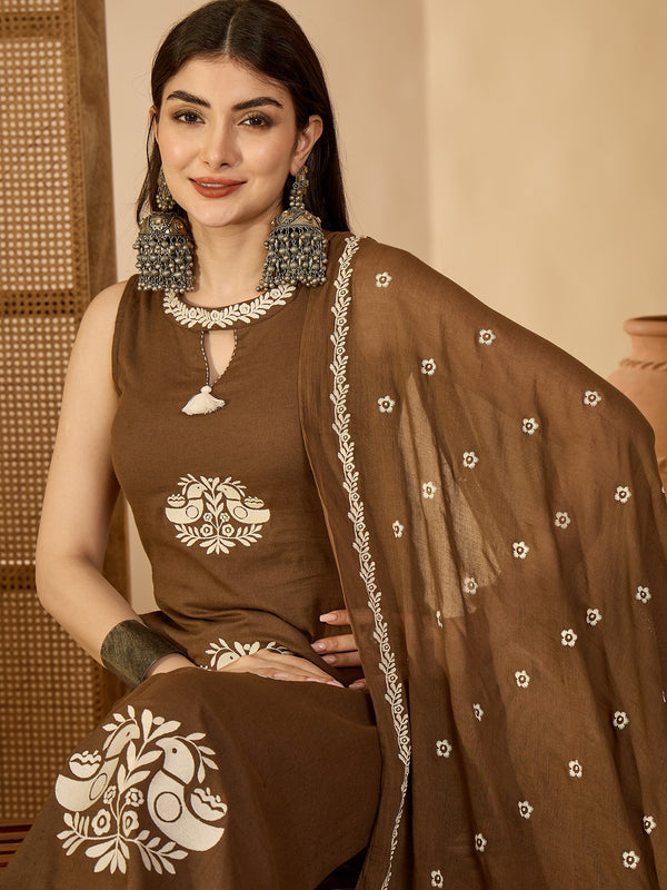 Kimayra Cotton Calf Length Printed Sleeveless Round Neck Straight Kurta Suit Set