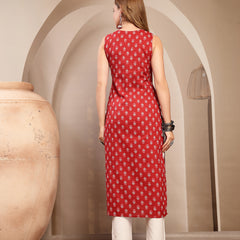 Kimayra Cotton Calf Length Printed Sleeveless Round Neck Straight Kurta