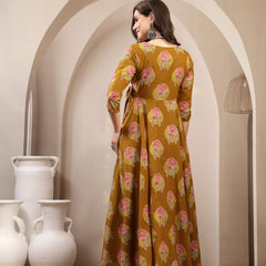 Kimayra Cotton Calf Length Printed 3/4 Sleeve V-Neck Flared Kurta