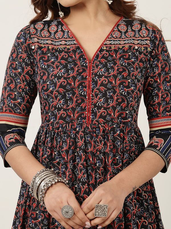 Kimayra Cotton Calf Length Printed 3/4 Sleeves V-Neck Anarkali Kurta