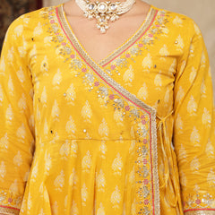 Kimayra Cotton Calf Length Printed 3/4 Sleeve V-Neck Flared Kurta Suit Set