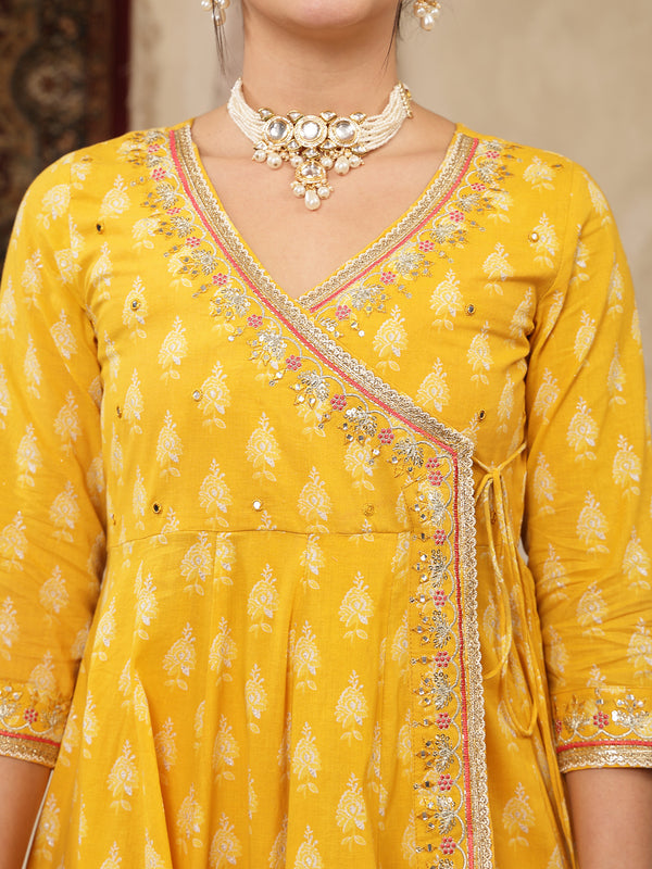 Kimayra Cotton Calf Length Printed 3/4 Sleeve V-Neck Flared Kurta Suit Set