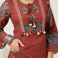 Kimayra Cotton Calf Length Solid 3/4 Sleeve Round Neck Straight Kurta Suit Set