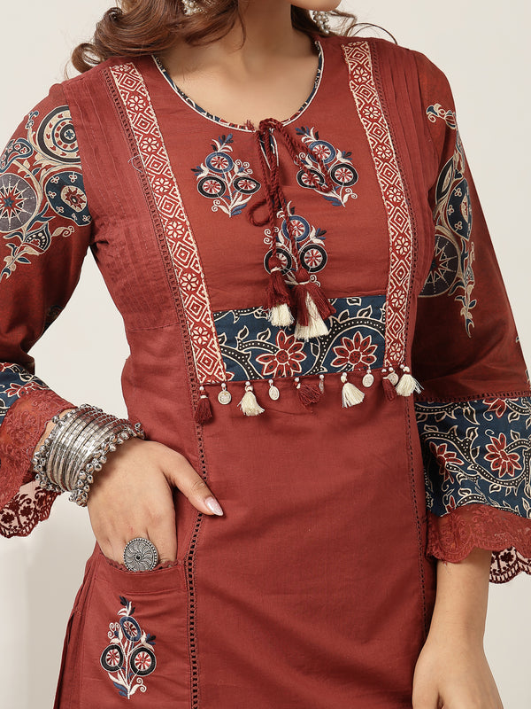 Kimayra Cotton Calf Length Solid 3/4 Sleeve Round Neck Straight Kurta Suit Set