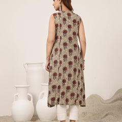 Kimayra Rayon Calf Length Printed Sleeveless V-Neck Flared Kurta