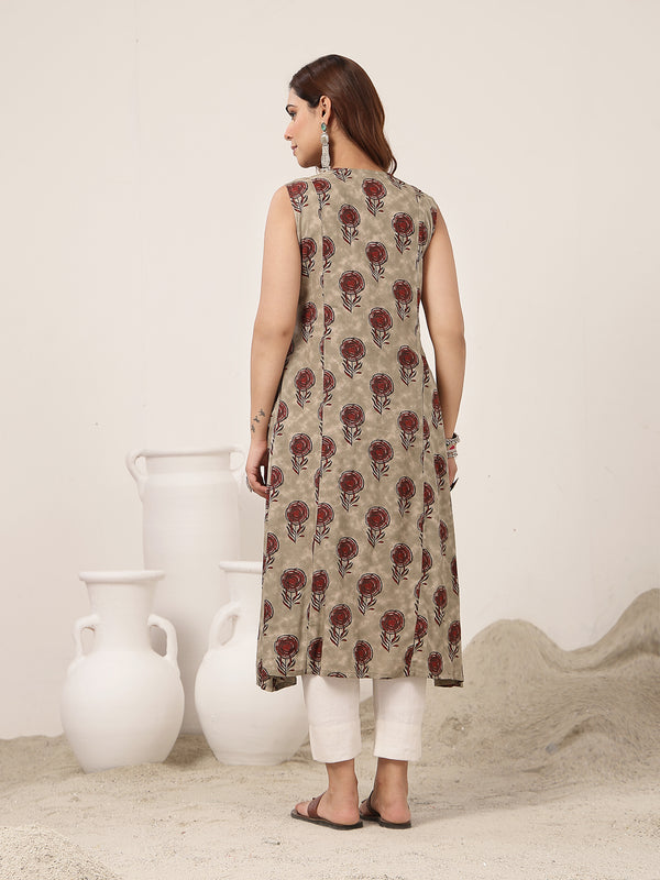 Kimayra Rayon Calf Length Printed Sleeveless V-Neck Flared Kurta