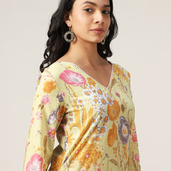 Kimayra Cotton Hip Length Printed Full Sleeve V-Neck Straight Top