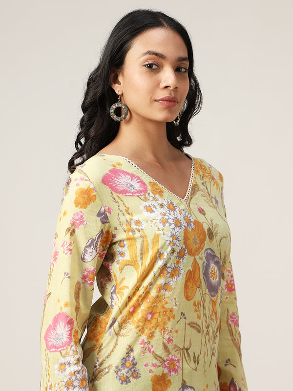 Kimayra Cotton Hip Length Printed Full Sleeve V-Neck Straight Top