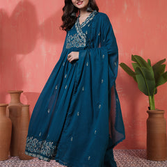 Kimayra Cotton Calf Length Printed 3/4 Sleeves Angrakha Anarkali Kurta Suit Set