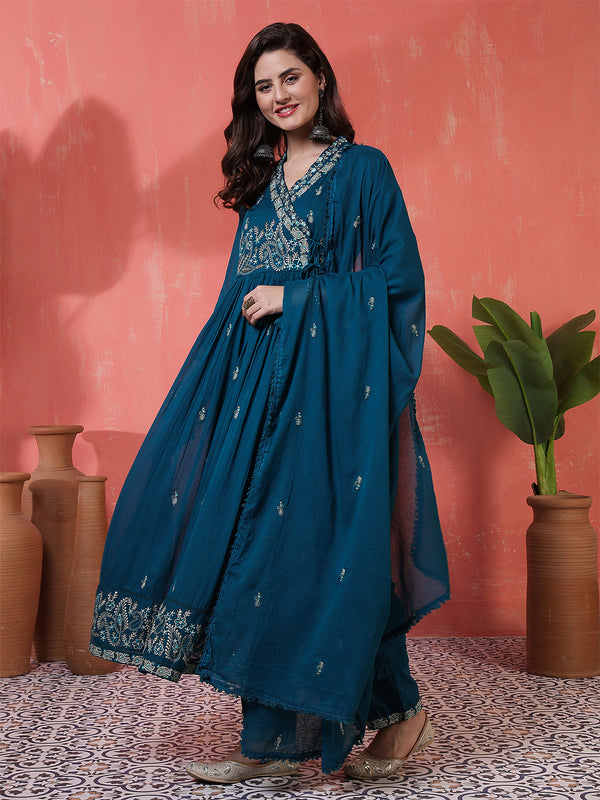 Kimayra Cotton Calf Length Printed 3/4 Sleeves Angrakha Anarkali Kurta Suit Set