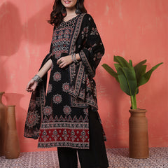 Kimayra Cotton Calf Length Printed 3/4 Sleeves Round Neck Straight Kurta Suit Set