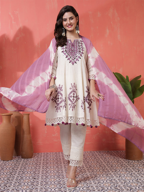 Kimayra Jacquard Knee Length Solid 3/4 Sleeves Round Neck Flared Kurta Suit Set
