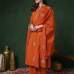 Kimayra Cotton Calf Length Solid 3/4 Sleeves Mandarin Straight Kurta Suit Set