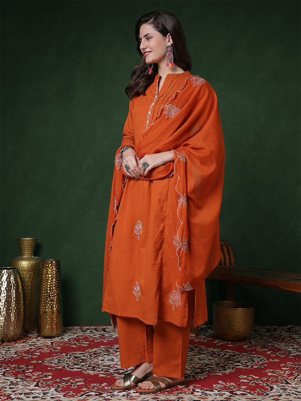 Kimayra Cotton Calf Length Solid 3/4 Sleeves Mandarin Straight Kurta Suit Set