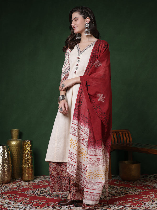 Kimayra Cotton Flex Calf Length Solid 3/4 Sleeves V-Neck Straight Kurta Suit Set