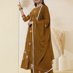 Kimayra Cotton Calf Length Printed 3/4 Sleeves Round Neck Anarkali Kurta Suit Set