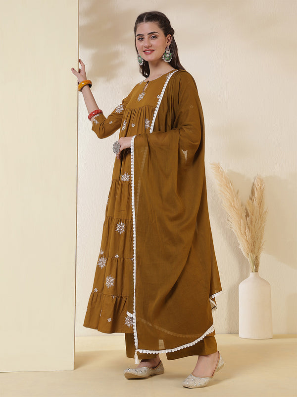 Kimayra Cotton Calf Length Printed 3/4 Sleeves Round Neck Anarkali Kurta Suit Set