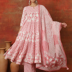Kimayra Cotton Ankle  Length Printed 3/4 Sleeves Round Neck Full Flared Kurta Suit Set